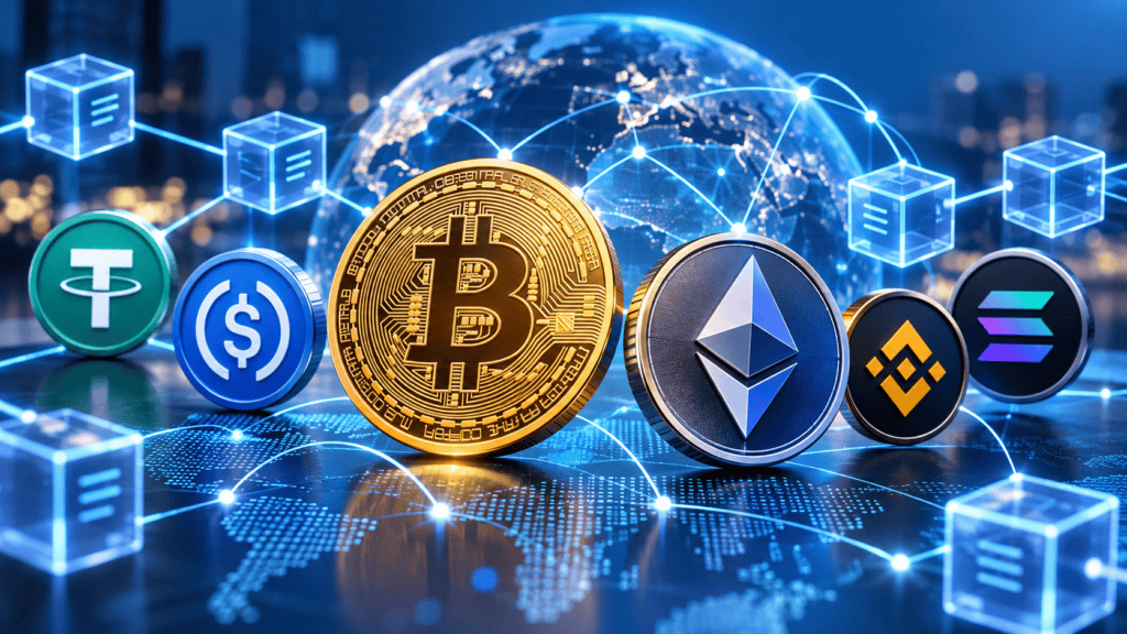 Cryptocurrency and digital assets connected through a global blockchain network