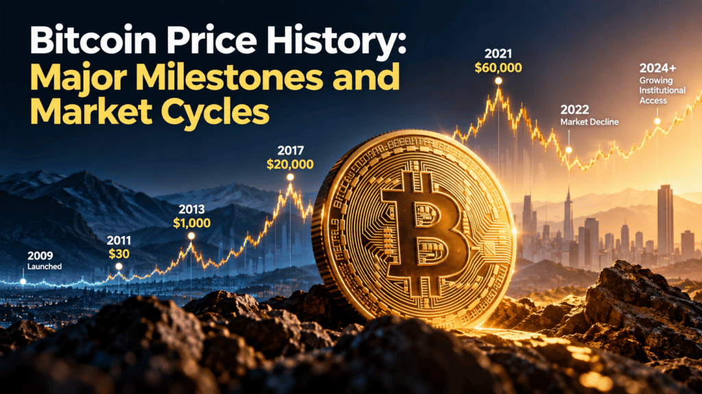 Bitcoin price history showing major milestones and market cycles