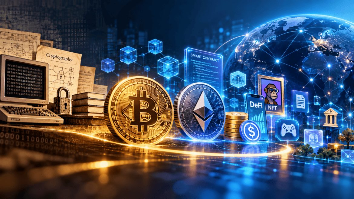 History of cryptocurrency from early digital cash to Bitcoin, Ethereum, and modern blockchain applications