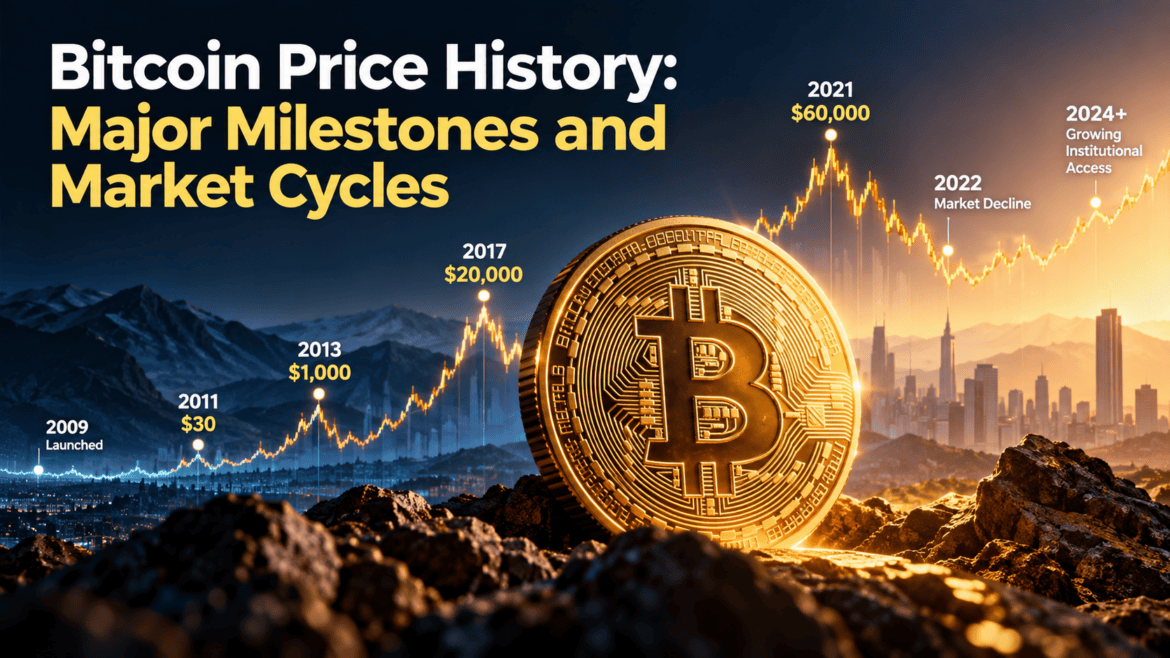 Bitcoin price history showing major milestones and market cycles