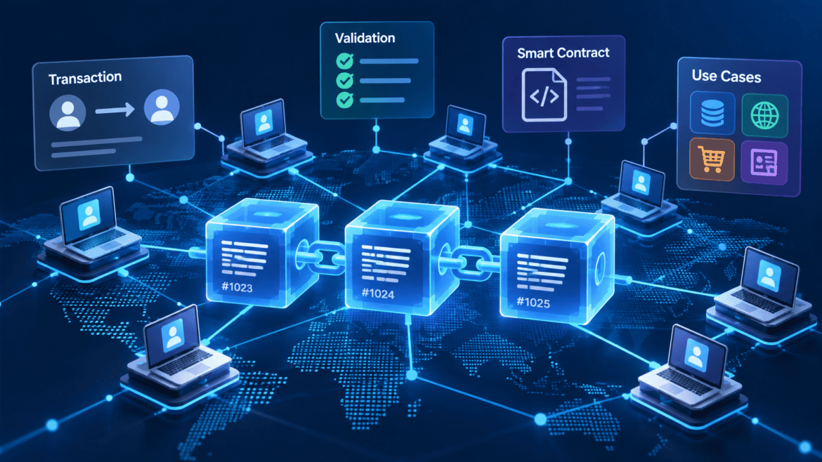 Blockchain basics showing transactions, validation, smart contracts and distributed network nodes
