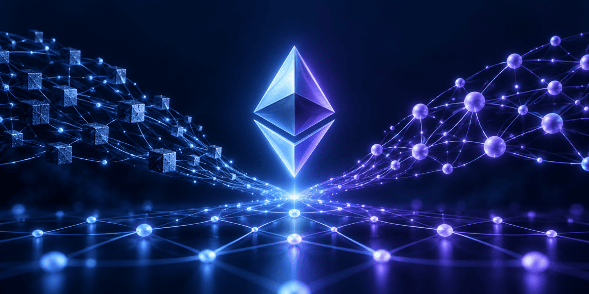 Ethereum symbol above two networks converging after The Merge