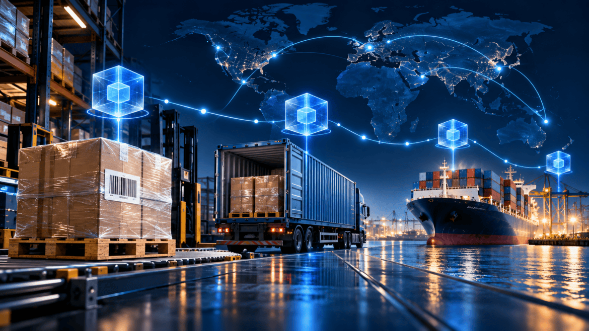 Blockchain supply chain tracking from warehouse to shipping port