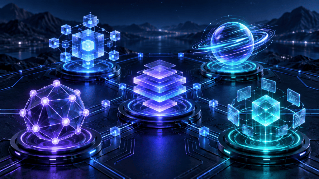 Five altcoins represented by connected digital networks