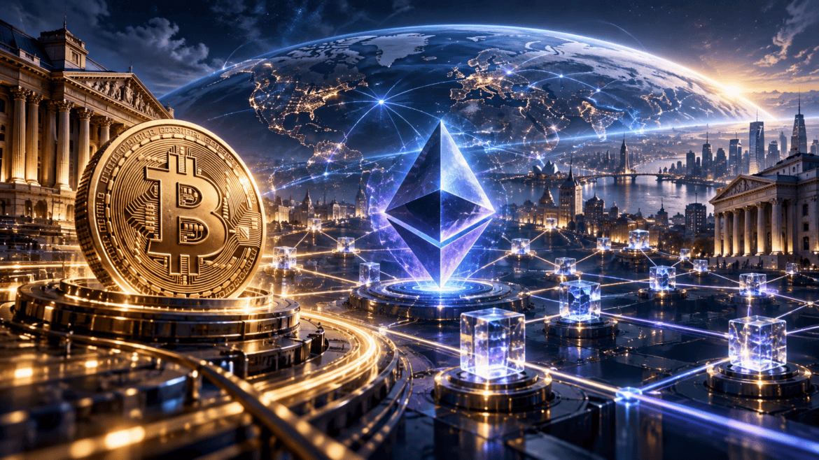 Crypto and blockchain trends illustrated by Bitcoin, Ethereum, and a global network