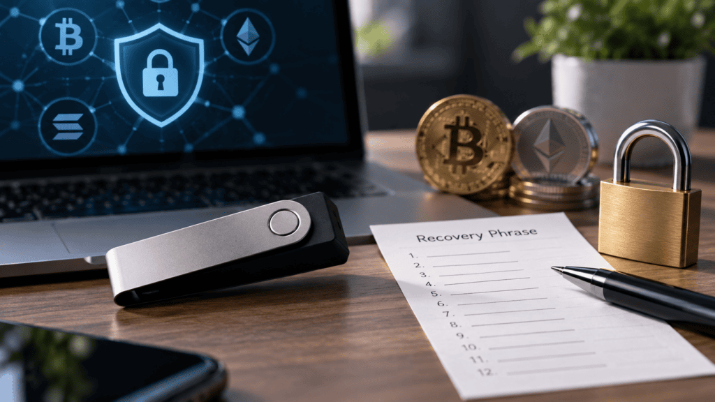 Cryptocurrency private key security with hardware wallet and recovery phrase