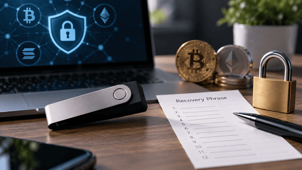 Cryptocurrency private key security with hardware wallet and recovery phrase