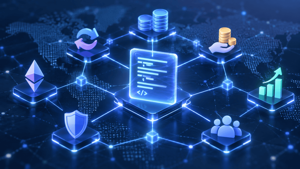 Decentralized finance network with smart contracts and blockchain applications