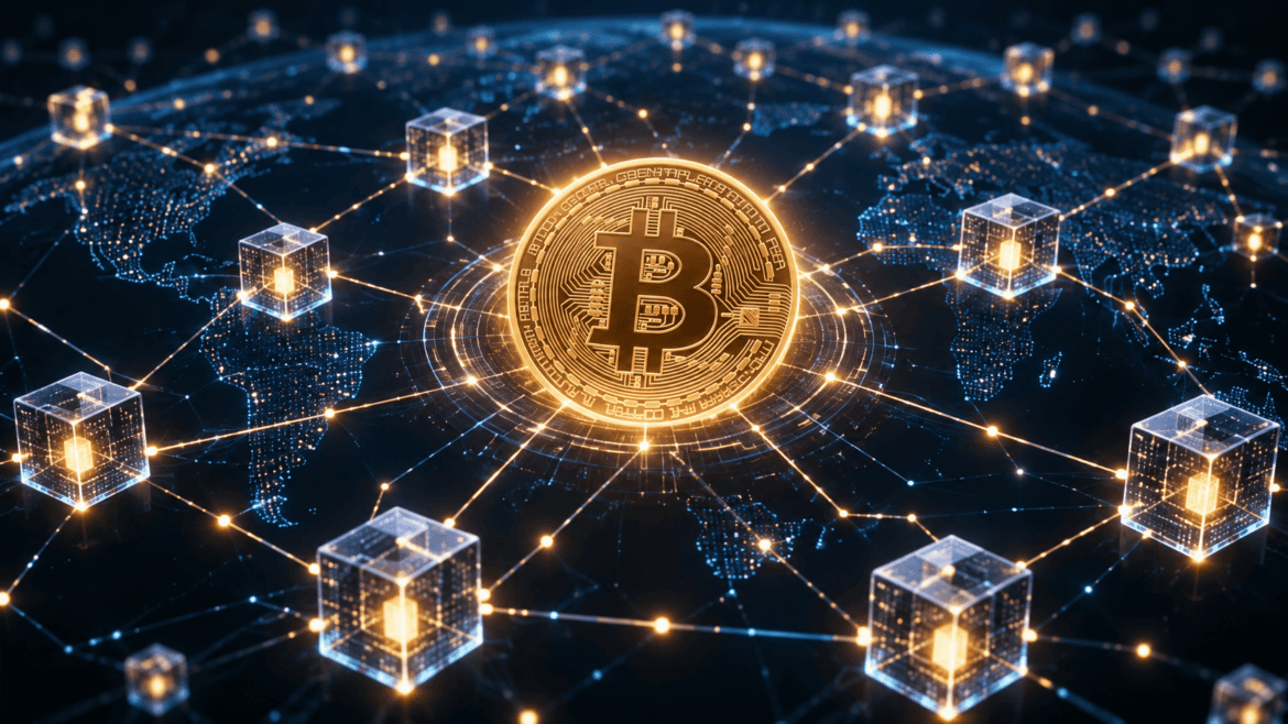 Bitcoin blockchain network with decentralized nodes and digital transactions