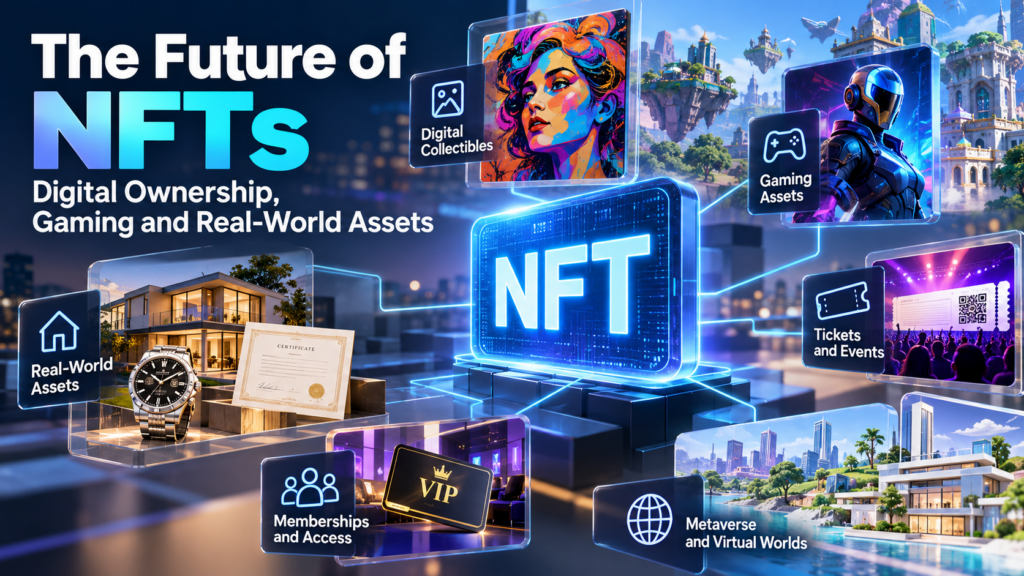 Future of NFTs including digital ownership, gaming, real-world assets, memberships, tickets, and virtual worlds