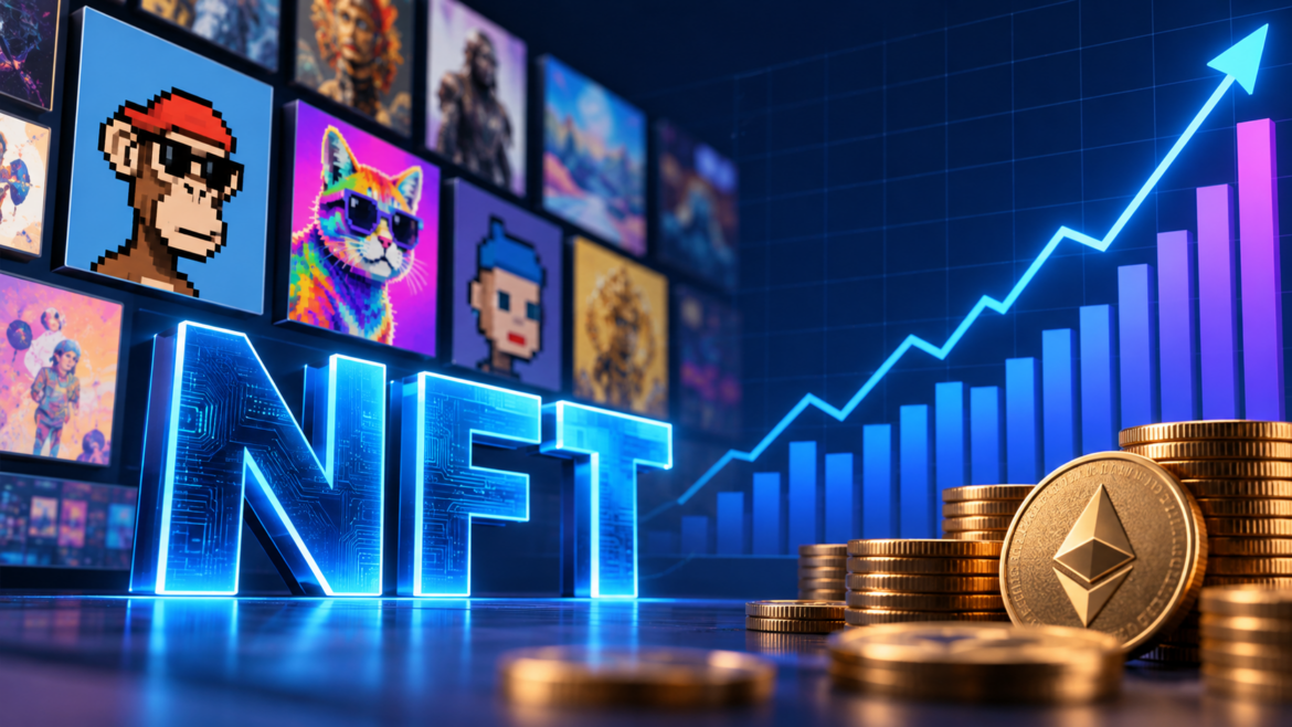 NFT trading volume and market activity with digital collectibles, Ethereum and trading chart