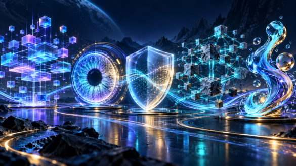 Five altcoin projects represented by data blocks, an identity symbol, a shield, a block network and a digital asset